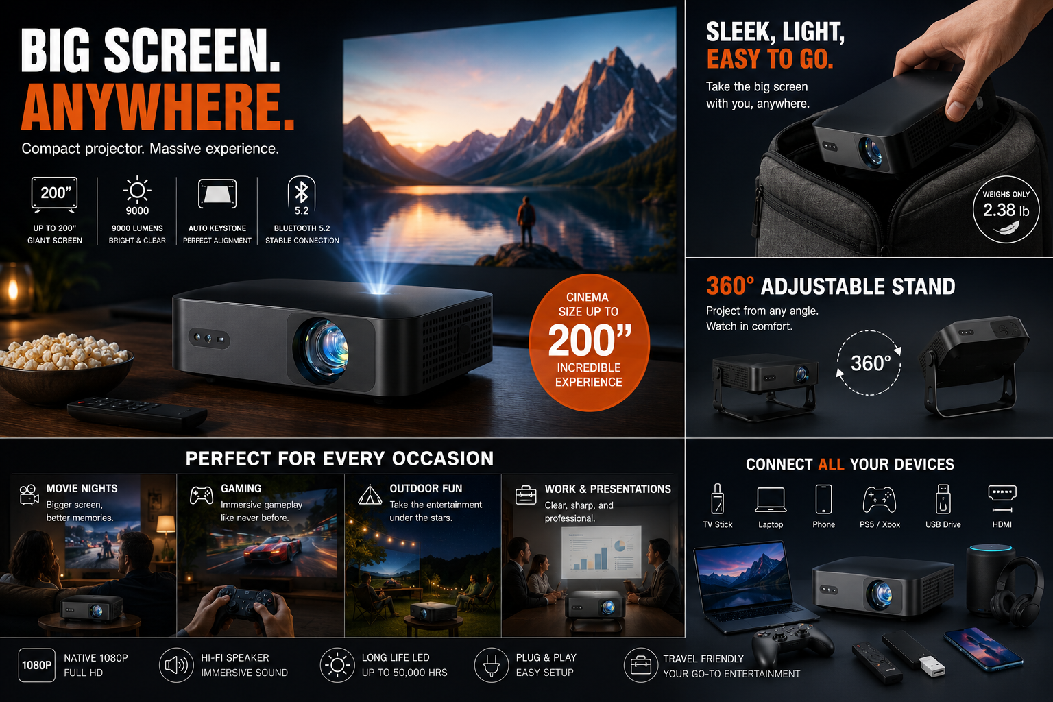 Smart HD Projector — 1080p PTZ Autofocus | Home & Gaming